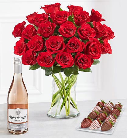 Deliciously Decadent Red Roses, Strawberries, and Wine